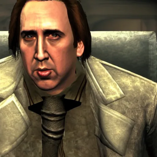Image similar to Nicholas Cage, video game, xbox 360 graphics, cutscene, gameplay,