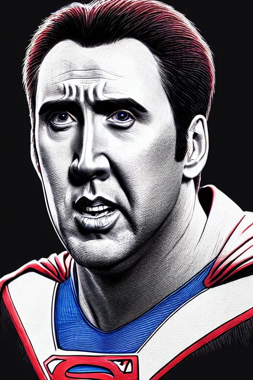 Image similar to portrait of nicolas cage as superman looking away from the camera, intricate, hyperrealistic, extremely detailed ballpoint drawing by simon stalenhag and greg rutkowski, artstation