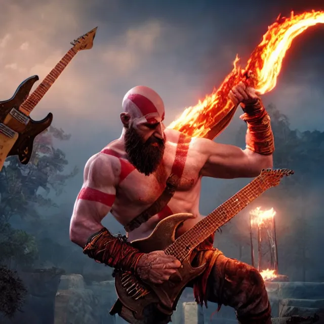 Image similar to kratos shredding on a flaming stratocaster guitar, cinematic render, god of war 2 0 1 8, santa monica studio official media, lightning, stripe over eye