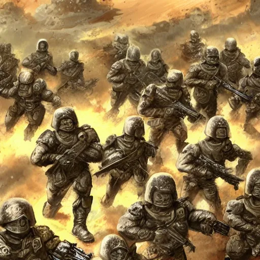 Prompt: Imperial Guard soldiers several people are holding the defense against a swarm of terranids, super quality,4k Artist - Phil Moss