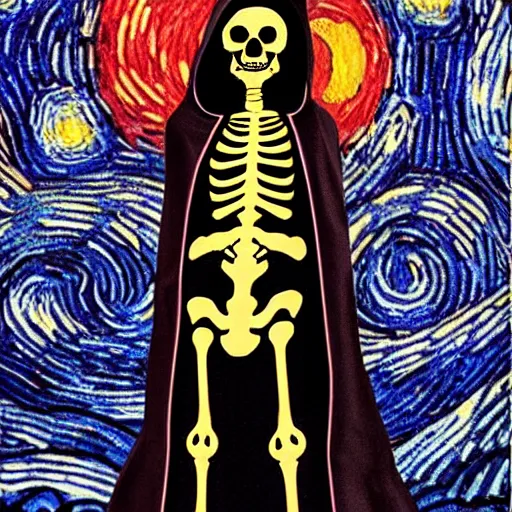 Image similar to a skeleton in black cloak in starry night style