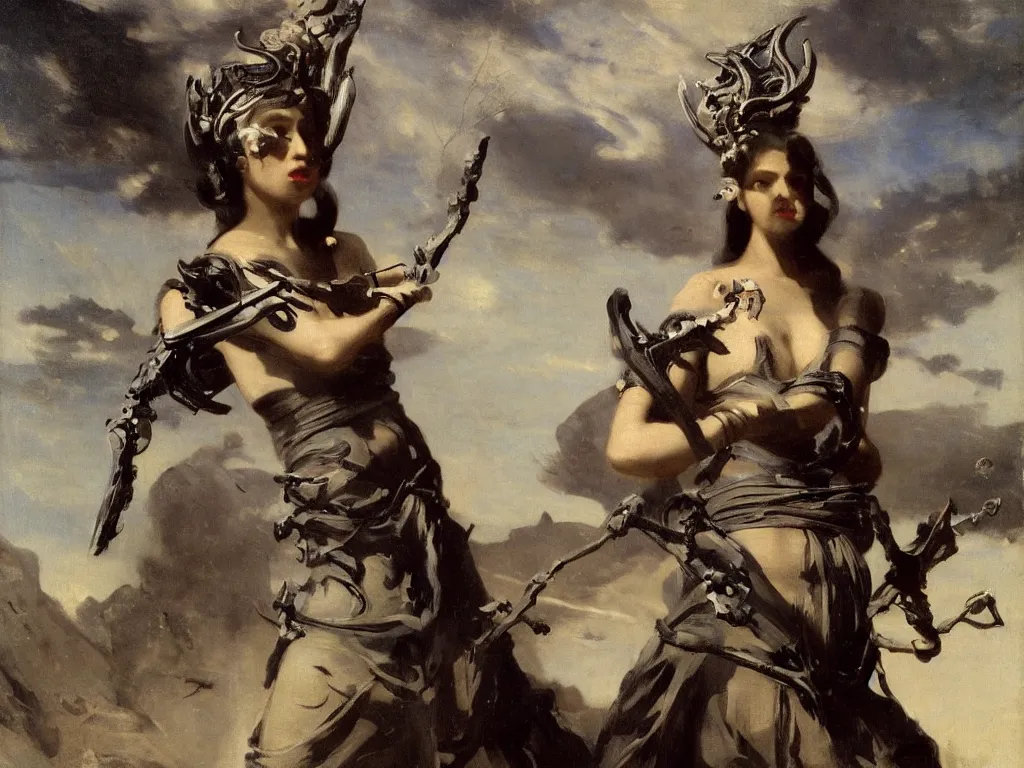 Prompt: photo realistic six armed goddess holding futuristic weapons in each hand, by camille corot, third - person, f / 2 2, kinemacolor, rim lights, insanely detailed and intricate, hypermaximalist, elegant, ornate, hyper realistic, super detailed