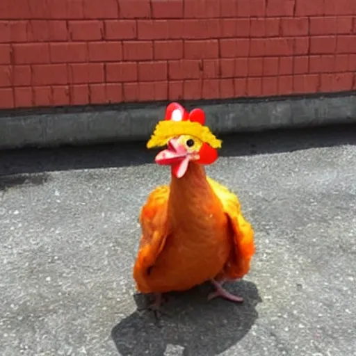 Image similar to chicken dressed as an inmate, real photo