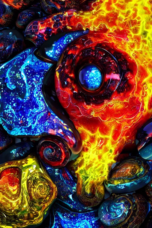 Image similar to An elemental firestone covered in liquid art. aflame. Ruby Stone. Liquid Gold. Lava. Crystal structure. Hexagon Shapes. Glowing Hot. Snail Shell. Melting. Intricate. Hyper Real. 4K. Octane Render. Empty Background. Black Background.