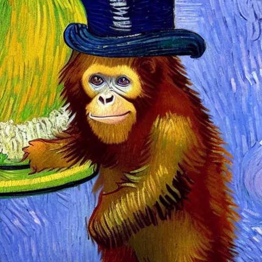 Image similar to a van gogh painting of a baby orangutan wearing a top hat, 4 k, hyper realistic, dslr, landscape, high resolution