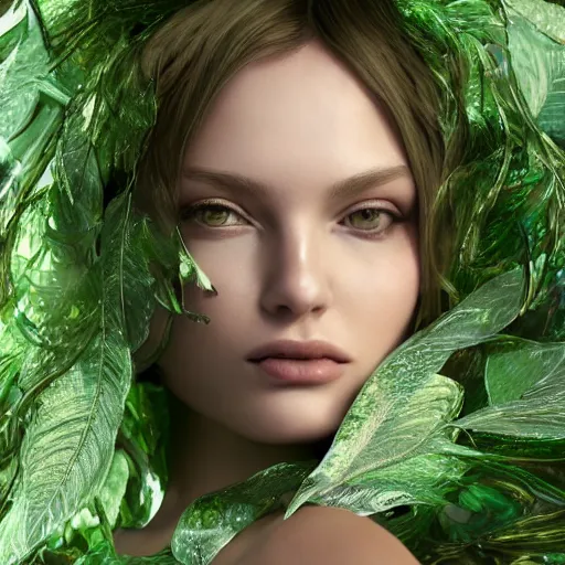 Image similar to a highly detailed digital image of a silver covered elegantly posed futuristic woman beautifully cocooned in green leafy foliage like leaves shot, full body shot, by Andrew Chiampo, artstation, and Frederik Heyman, extremely detailed woman, stunning volumetric lighting, hyper realism, fantasy 4k