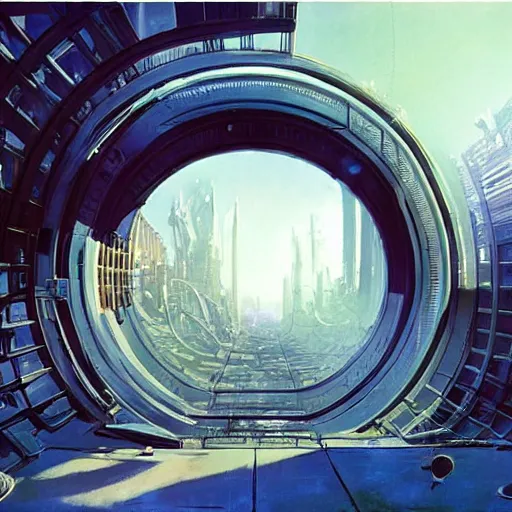 Image similar to overgrown futuristic cityscape located under a bridgeway, world seen only through a portal, daylight, cinematic perspective, cinematic lighting, blue sky, syd mead, john harris, symmetrical