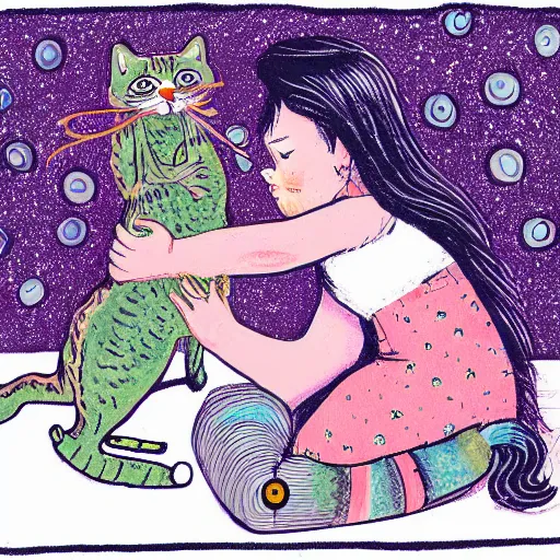 Image similar to illustration of a girl playing with a kitten, inspired by louis wain and glen keane