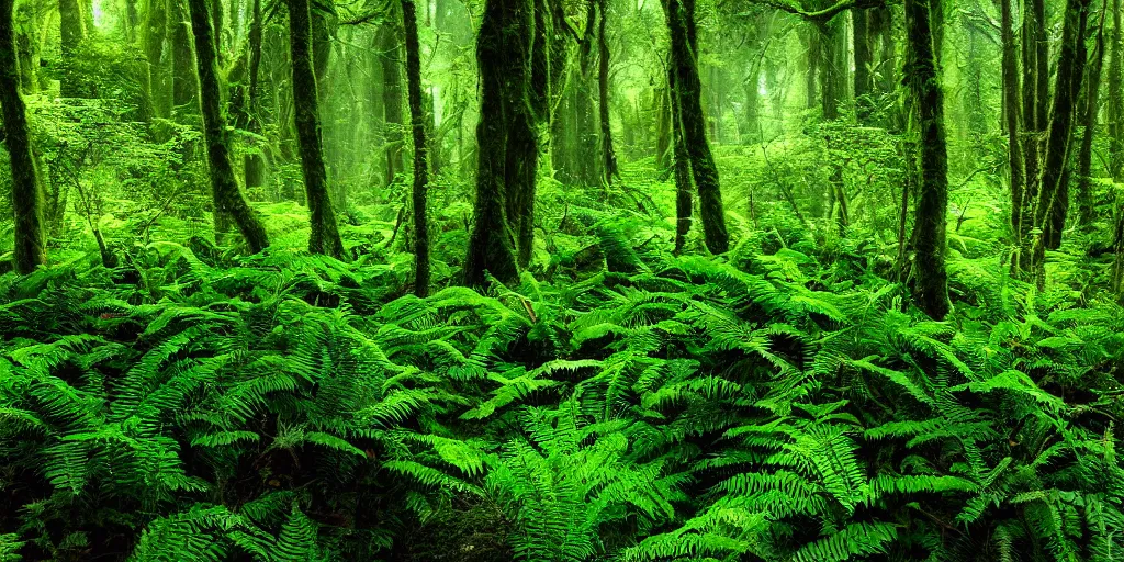 Image similar to deep lush forest floor with green ferns and moss, droplets of crystal clear water on the leaves, rays of sunlight coming through the clouds after rain, light fog