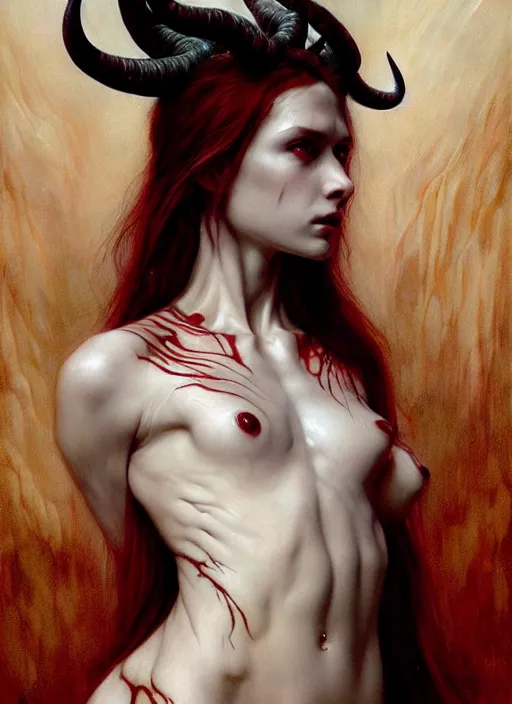 Image similar to half demon half human intricate skin pattern texture, elegant, peaceful, full body, white horns, hyper realistic, extremely detailed, dnd character art portrait, fantasy art, intricate fantasy painting, dramatic lighting, vivid colors, deviant art, artstation, by edgar maxence and caravaggio and michael whelan and delacroix.