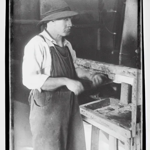 Image similar to vintage black and white photograph of jeff bezzos as a factory worker, film grain, 1 9 0 0