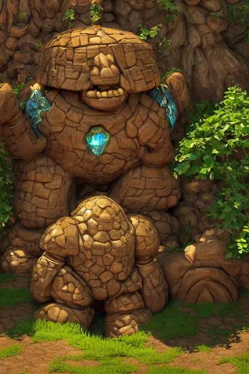 Image similar to zelda fantasy art giant golem troll wood rock greeble gemstone, global illumination ray tracing hdr fanart arstation by sung choi and eric pfeiffer and gabriel garza and casper konefal