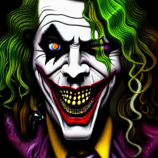 Prompt: An extremely psychedelic portrait of Rob Zombie as the Joker, surreal, LSD, face, detailed, intricate, elegant, lithe, highly detailed, digital painting, artstation, concept art, smooth, sharp focus, illustration