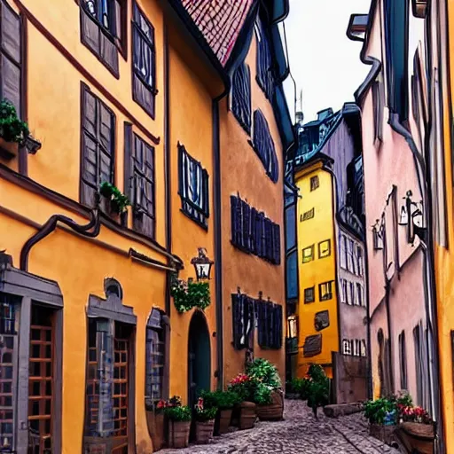 Image similar to stockholm gamla stan, in the style of studio ghibli