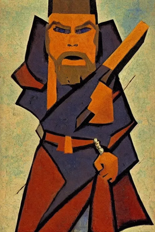 Image similar to thor with hammer, marvel, artwork by nicholas roerich,