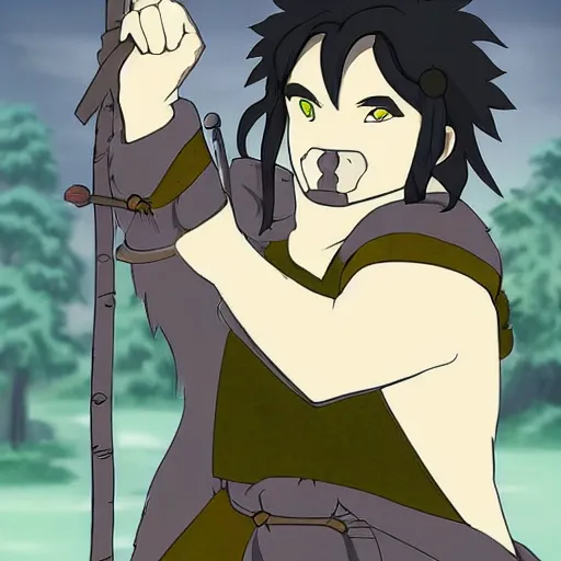 Image similar to A Half-orc Druid wearing a long grey fur robe, holding a wooden staff, anime style