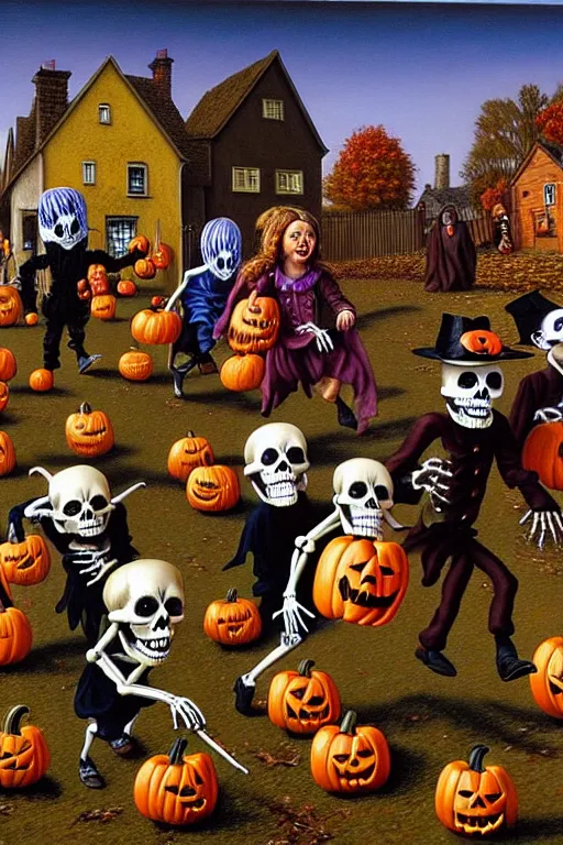 Image similar to a hyperrealistic painting of an autumn village trick or treaters being chased by witches and skeletons, by chris cunningham and richard corben, highly detailed, vivid color,