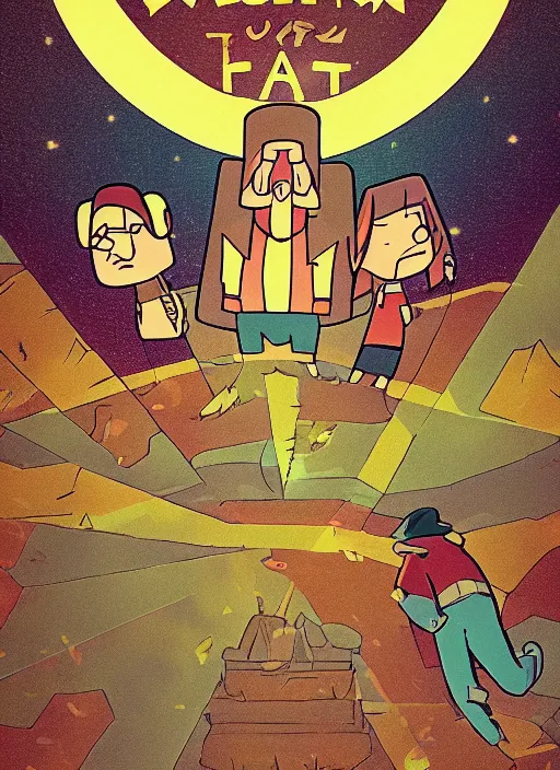 Prompt: Russian bootleg gravity falls poster, dramatic theming, disney animated series, mood lighting, unfortunate, hand painted cartoon art style, brutal, autumn, golden sunset, nostalgia, scenic, with text, 8k, award winning