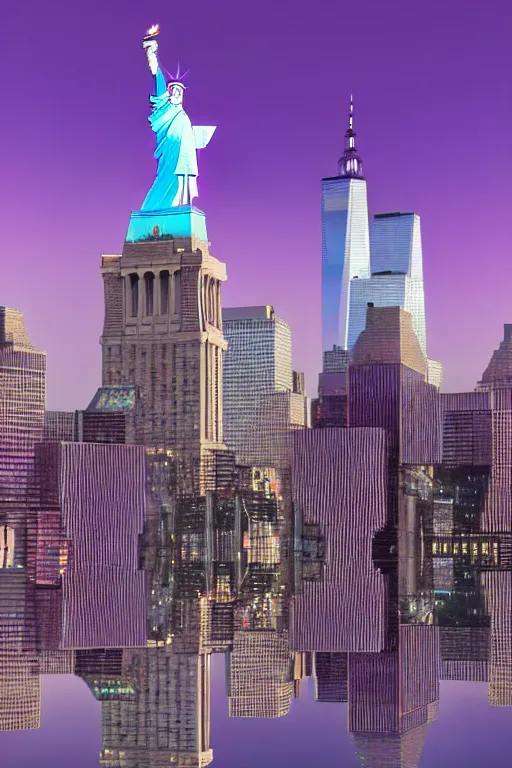 Prompt: of a futuristic photo - realistic new york city with mirrored windows in shiny crystalline : 7, the statue of liberty : 2, highly symmetrical, balanced, purple lightening : 3, octane render, clouds : 2, violet sun : 4, in the style of sahm : 3, hd, ultra - realistic, hyper - realistic, digital art,