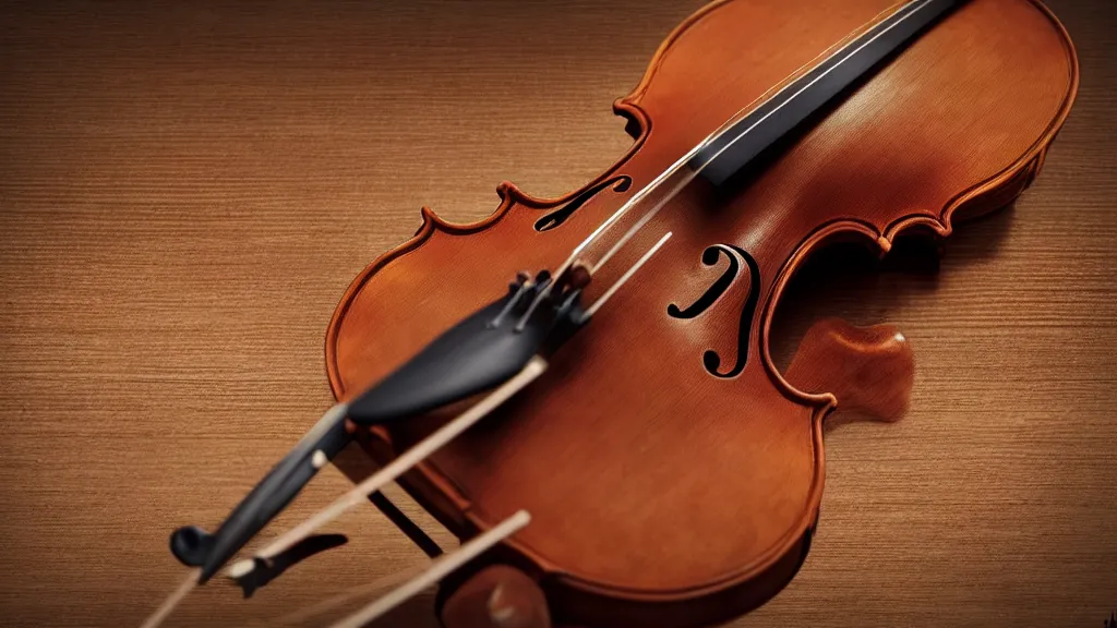 Image similar to a violin on an ancient wood table in victorian house, close up, 3/4 view, beautifull reflexions, detailed, photorealistic, octane render