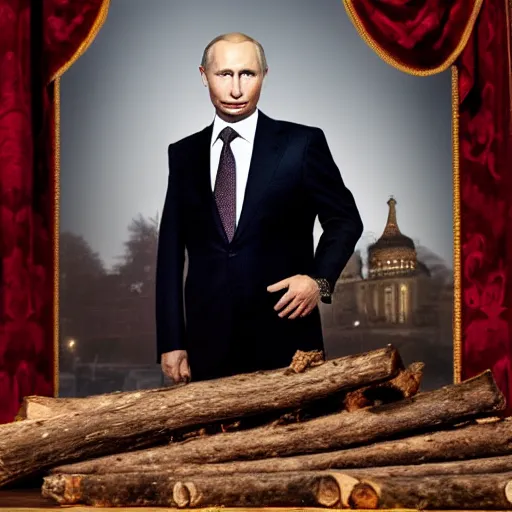 Prompt: portrait vladimir putin looking into a log fire smirking reflections lighting clasical