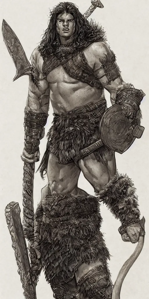 Image similar to a large young barbarian male warrior, d & d, fantasy, portrait, in travis charest style