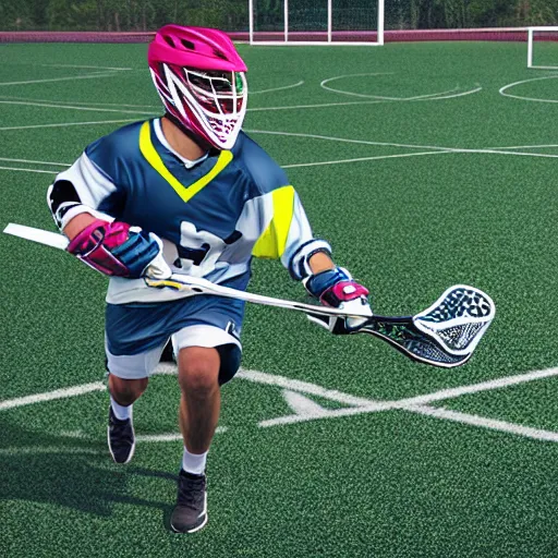 Image similar to lacrosse player, soccer field, cascade helmet, realistic, running, very detailed, 8k, high resolution, ultra realistic, no grain, symmetry, normal proportions, sports illustrated style, Cascade XRS Custom Lacrosse Helmet, brine lacrosse stick, Brine Lacrosse King V Gloves, normal feet, Nike Alpha Huarache 7 Elite, STX Surgeon 700 Lacrosse Arm Guards