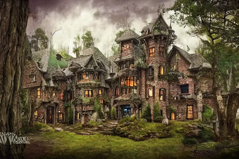 Image similar to photograph of a fantasy style woodland mansion in an ancient forest