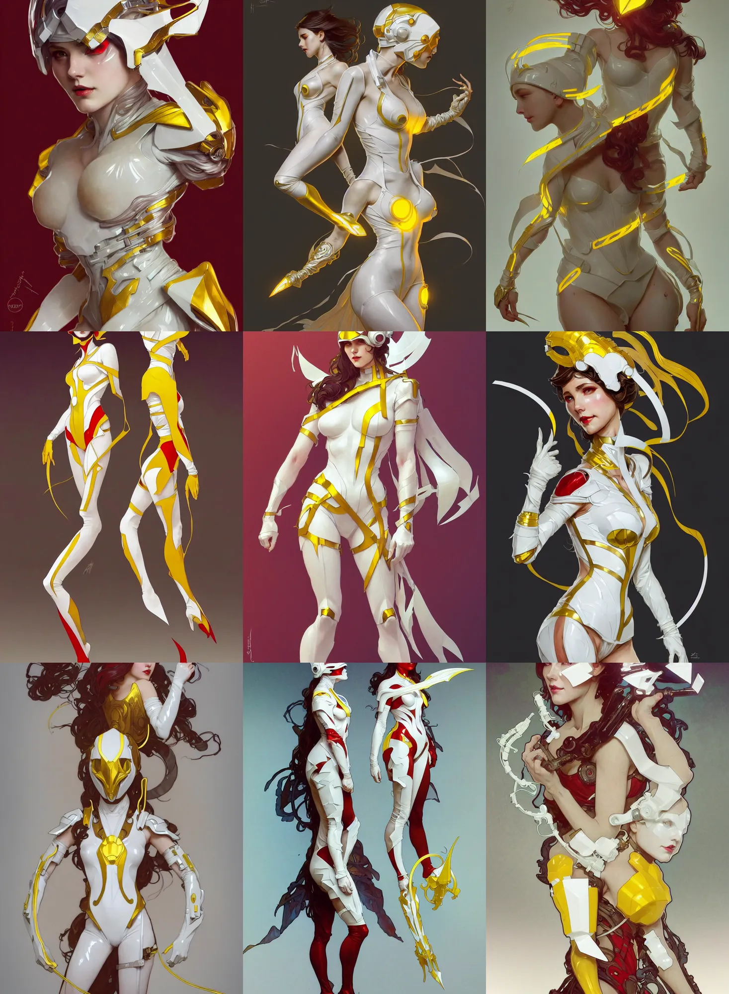 Prompt: a full body character design by artgerm, greg rutkowski and alphonse mucha. sci - fi dagger. white and yellow tape and red translucent plastic tape project show attctive showgirl!! sci - fi helmet!! sharp edges. contour light effect!!. ultra detailed, elegant, intricate, octane render.