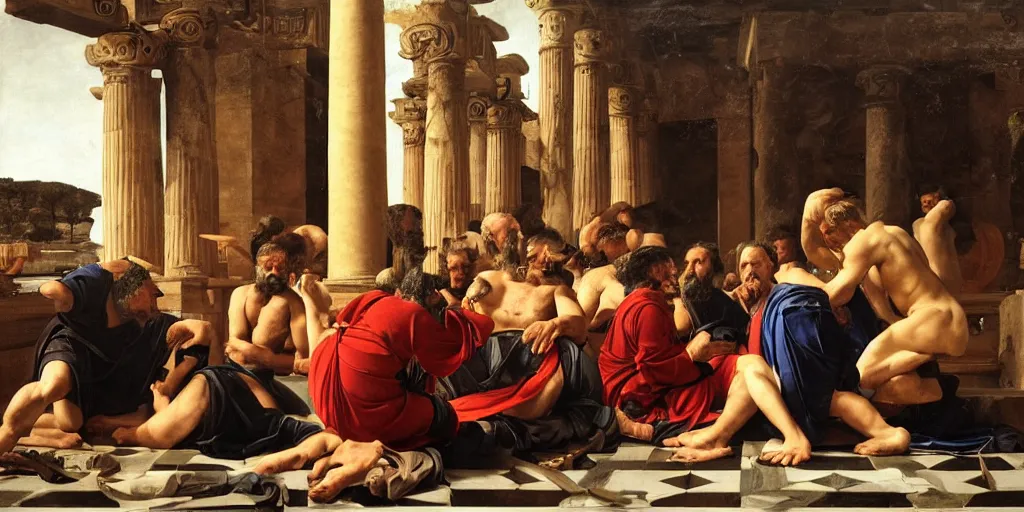 Image similar to beautiful oil matte portrait painting, men discussing politics inside a greek forum, wonderful masterpiece highly detailed, beautiful cinematic light deep focus, elegant, digital painting, smooth, sharp focus, golden ratio, dramatic illumination, ultra realistic, 8 k, art by artemisia lomi gentileschi and caravaggio