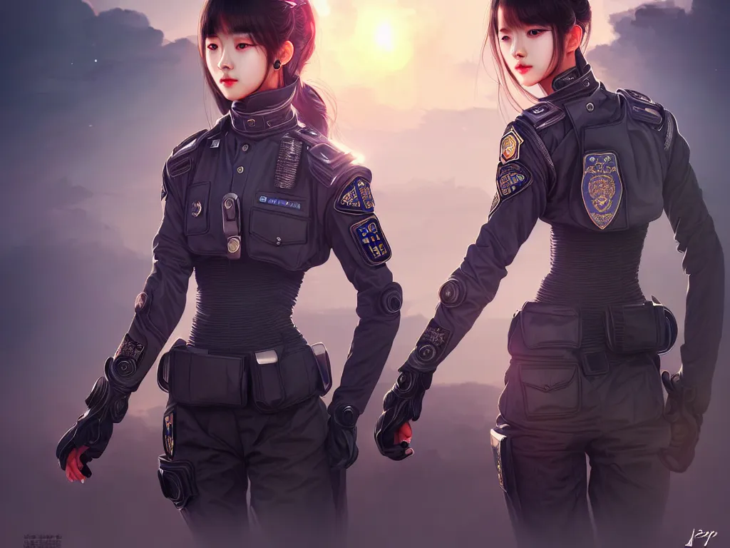 Prompt: portrait jisoo, futuristic koeran police uniform female, at future neon light rooftop, ssci - fi and fantasy, intricate and very very beautiful and elegant, highly detailed, digital painting, artstation, concept art, smooth and sharp focus, illustration, art by tan zi and ayanamikodon and alphonse mucha and wlop