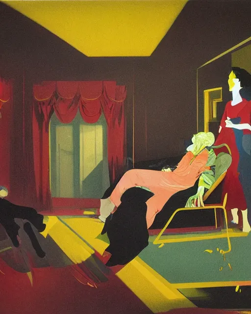 Prompt: old dead couple sitting on a couch and a dark figure crying in the corner with clouds at red and yellow art deco interior room in the style of Francis Bacon and Syd Mead, open ceiling, highly detailed, painted by Francis Bacon and Edward Hopper, painted by James Gilleard, surrealism, airbrush, very coherent, triadic color scheme, art by Takato Yamamoto and James Jean