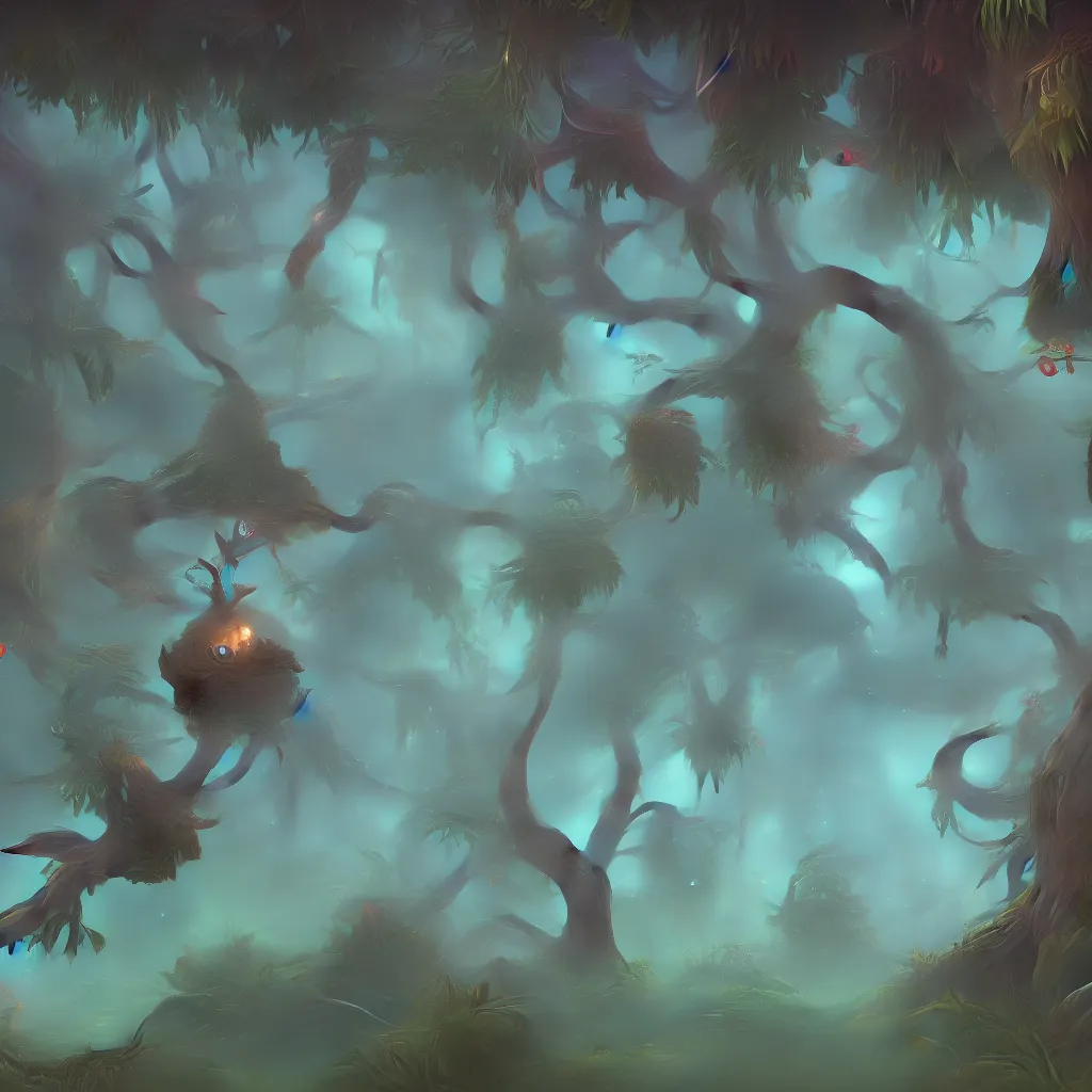 Image similar to hanging foliage in the style of ori and the blind forest, black background, highly detailed, digital art 4k, 8k