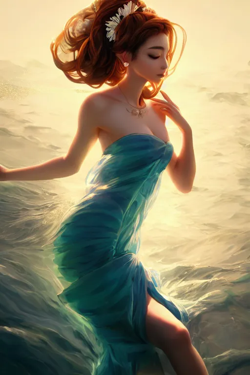 Image similar to a beautiful fashion goddness of love, chic strapless dress, tropical sea background, character design, in the style of artgerm, and wlop, cinematic lighting, hyperdetailed, 8 k realistic, symmetrical, global illumination, radiant light, frostbite 3 engine, cryengine, dof, trending on artstation, digital art