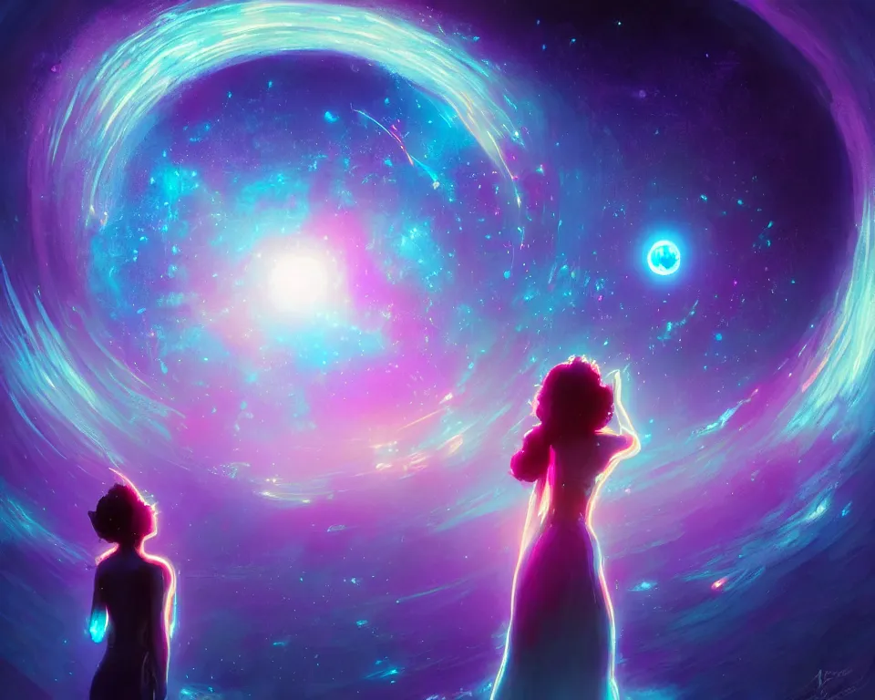 Image similar to a beautiful whimsical woman standing under a multi-colored binary blackhole with an accretion disc, casting magic, glowing trails following her arms, acidwave, hall of mirrors, interstellar galaxy, by Lois van Baarle, by Greg Rutkowski, by artgerm, by beeple, by studio ghibli, cinematic angle, volumetric lighting, 4k resolution, octane render, trending on artstation, masterpiece