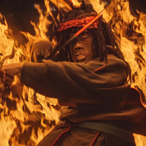 Image similar to cinematic film still of Lil’ Wayne starring as a Samurai holding fire, Japanese CGI, VFX, 2022, 40mm lens, shallow depth of field, film photography