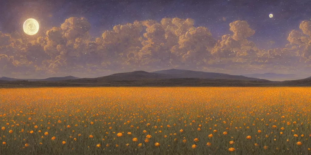 Image similar to field of flowers at night, lit by moonlight, grand landscape art by donato giancola and greg rutkowski, vintage retro, digital art, trending on artstation, symmetry!!, epic composition