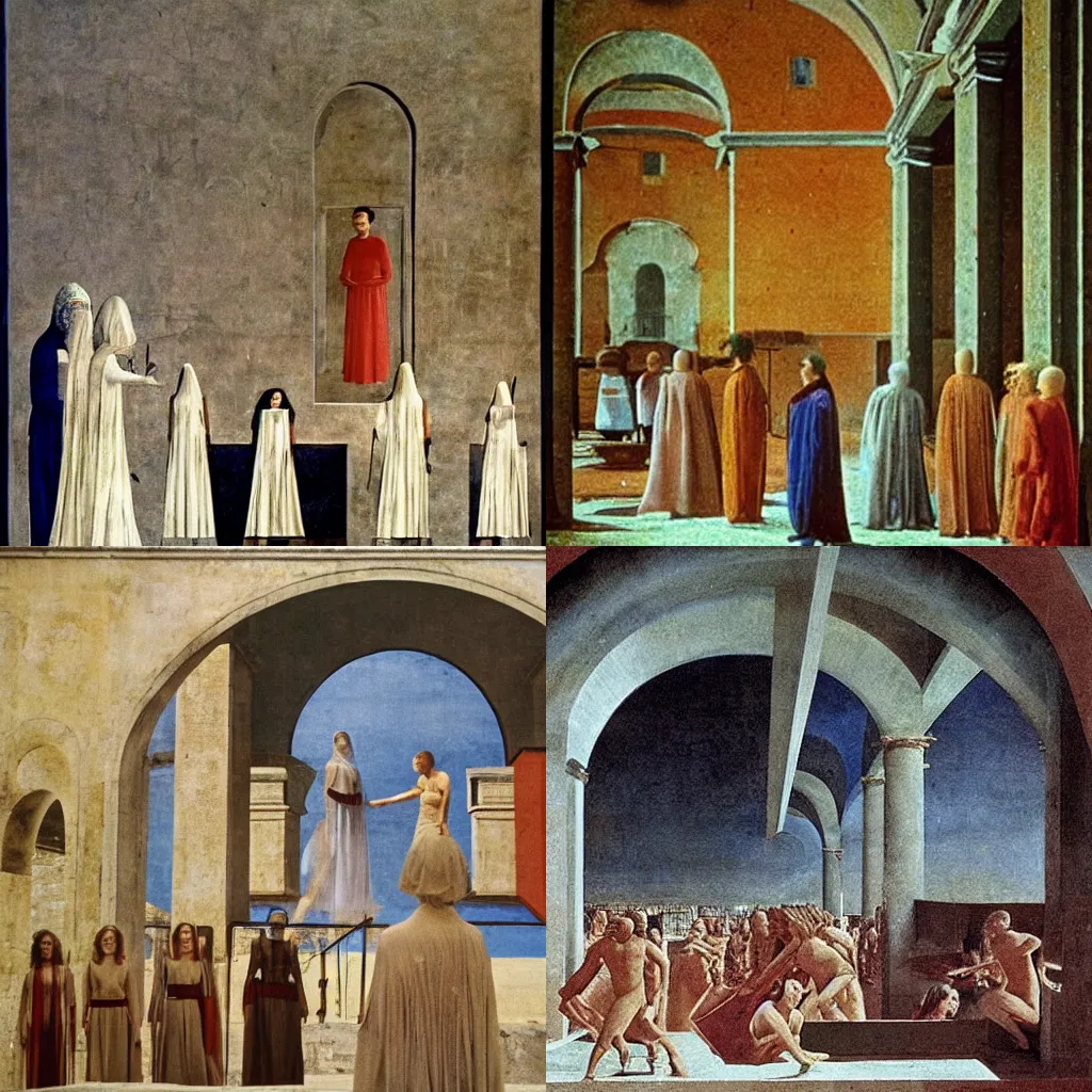 Prompt: a scene from the movie la felicita ( 1 9 7 1 ) a scifi, cyberpunk, futurist movie by luchino visconti in the style of the ideal city by piero della francesca with mastroianni, technicolor, cinematic, 5 0 mm, highly detailed