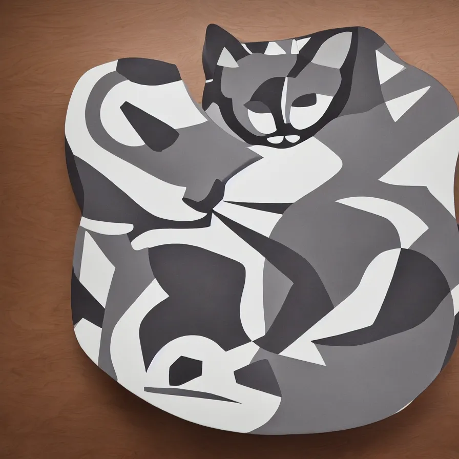 Prompt: beautiful gallery show studio photograph of a giant ceramic sculpture of a cute kitten, glazed by bridget riley and victor vasarely, placed on a polished wooden table, hyperrealism 8 k trending on artstation