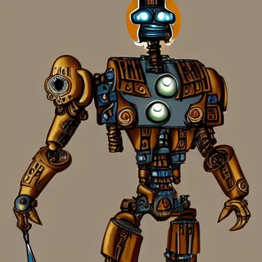 Prompt: A warforged from Dungeons & Dragons looking like the BIONICLE Keetongu with one eye and mystical tattoos on his arms, art by Christian Faber