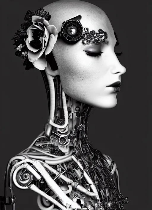 Image similar to black and white dreamy foggy poetic smoky profile face portrait, one silver steampunk realistic eye biomechanical beautiful angelic young female cyborg - robot bust, body ribs meshes,, volumetric light, hibiscus flowers, rim light, big gothic fashion pearl embroidered collar, 1 9 3 0, 8 k