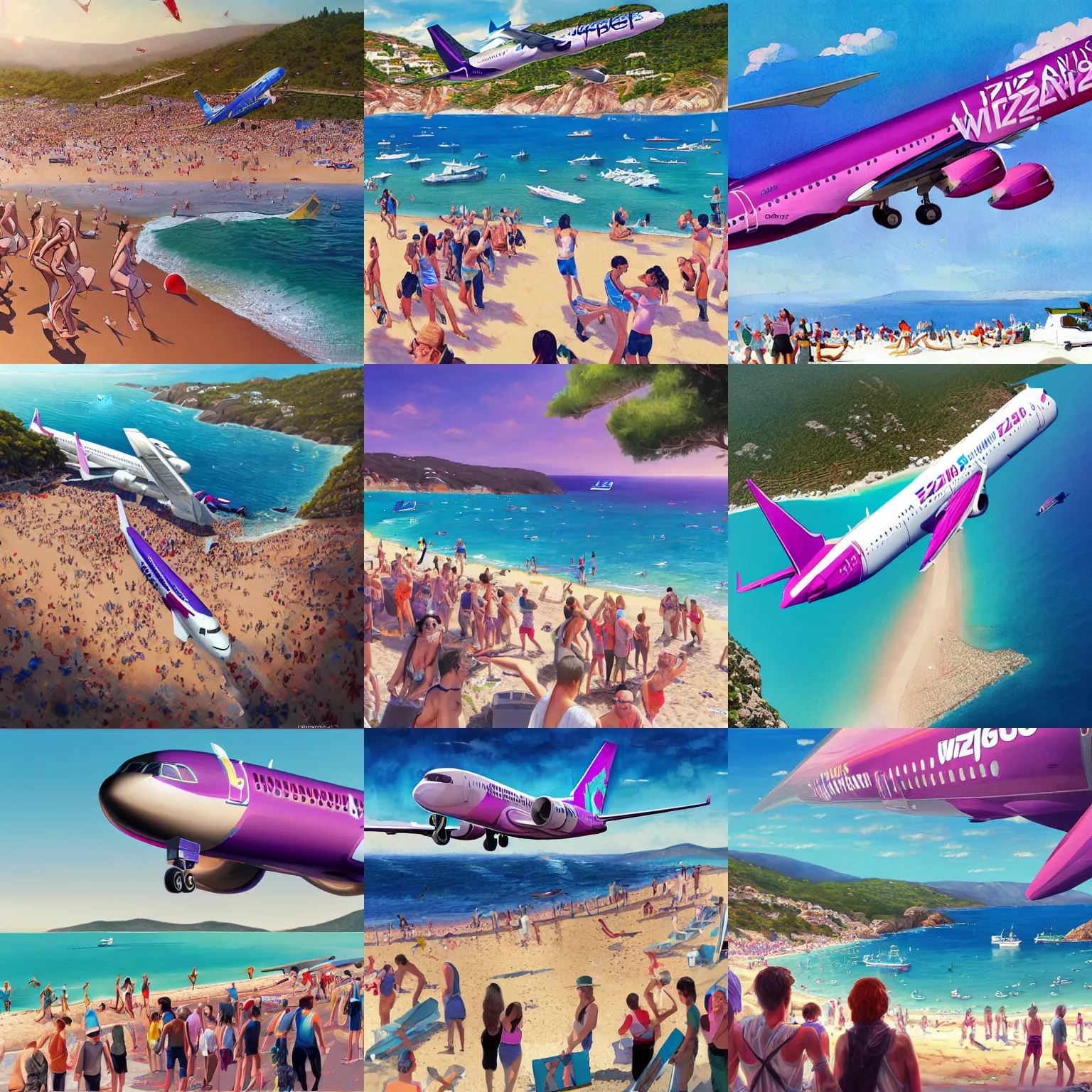 Prompt: a wizzair airbus a 3 2 1 neo landing at skiathos airport, low over the heads of the people on the beach, art by stanley artgerm lau, wlop, rossdraws, james jean, andrei riabovitchev, marc simonetti, yoshitaka amano, artstation, cgsociety