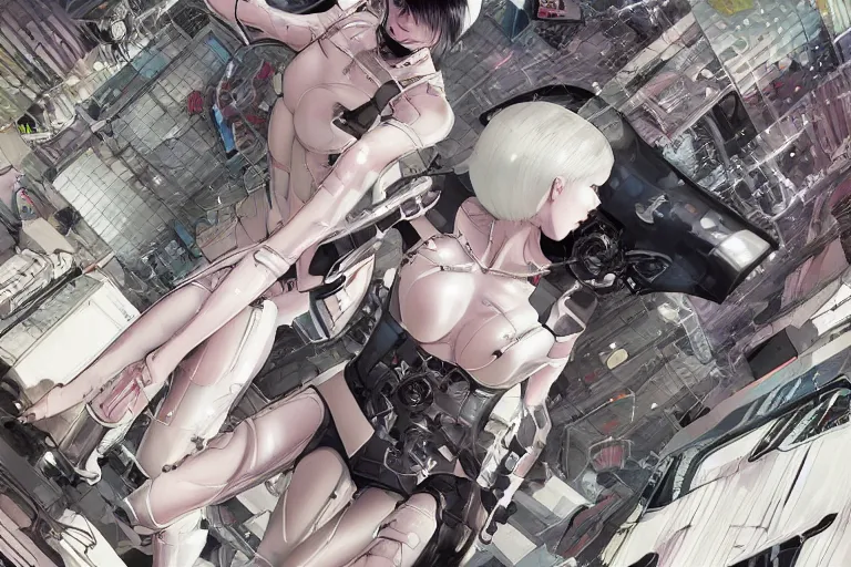 Image similar to a finely composed cyberpunk illustration of a group of white female androids' in style of hajime sorayama, lying scattered over an abstract, empty, white floor, by masamune shirow and katsuhiro otomo, hyper-detailed, colorful, view from above, wide angle, close up, spacious