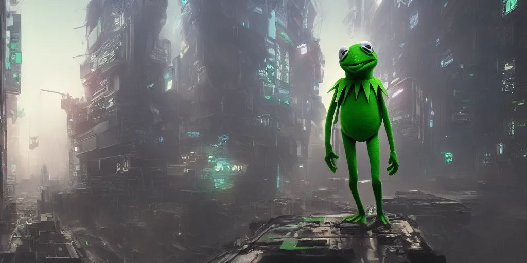 Prompt: Kermit the Frog in a cyberpunk world, hyperdetailed, artstation, cgsociety, 8k