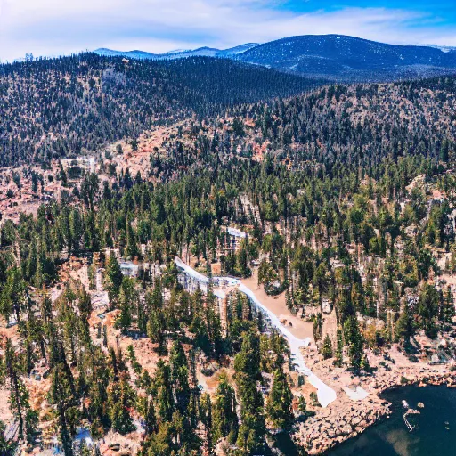 Image similar to Tilt Shift Photography, Big Bear Lake California, Ariel drone shot, 8k