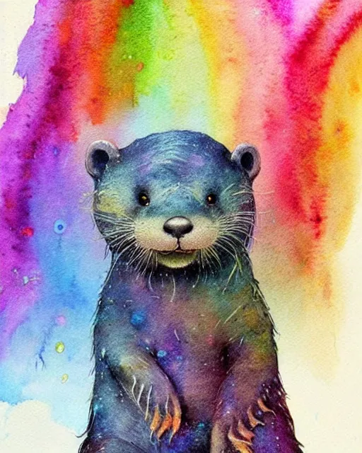 Image similar to detailed magical rainbow otter by jean - baptiste monge and frank frazetta, post processing, painterly, book illustration watercolor granular strong darksplatter dripping paper texture, ink outlines, painterly, trending on artstation, trending on pinterest childrens art