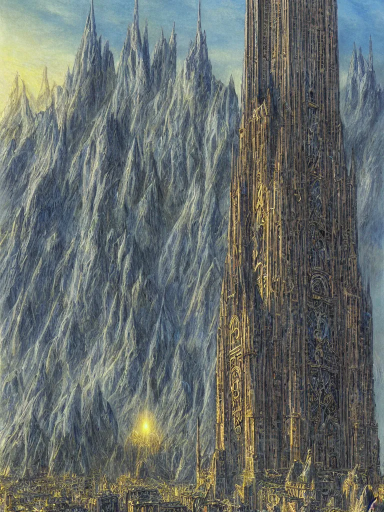 Prompt: Sauron's Tower in Mordor, art by Donato Giancola and Alan Lee, fantasy illustration, Tolkein horror