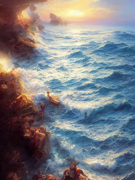 Prompt: Classical oil painting of the ocean waves, beautiful portrait, official anime artwork, stylistic, brush strokes, oil, canvas, by Marc Simonetti