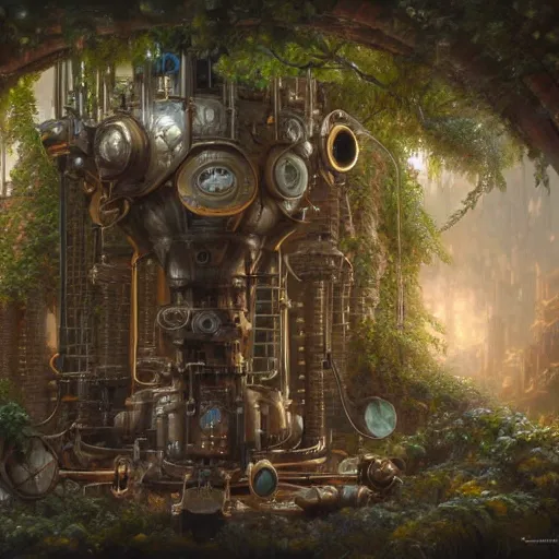 Image similar to a ultradetailed beautiful concept art of the core of a steampunk machine where vegetation have start to peacefully grow, dramatic lighting, dynamic lighting, cinematic lighting, lit by morning light, concept art, high resolution 4 k, by tom bagshaw, greg rutkowski, charli bowater and artgeem