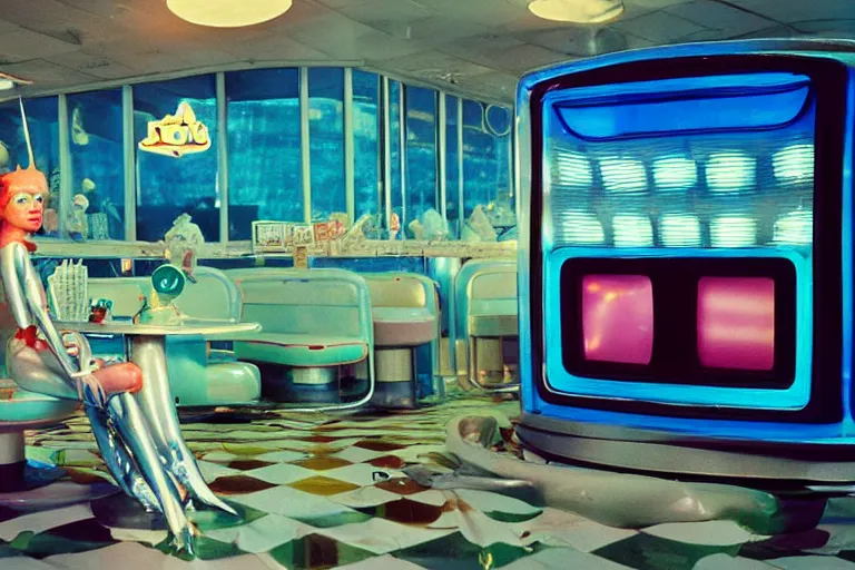 Image similar to robot mermaid sitting in a googie diner made of porcelain, from 1986, bathed in the glow of a crt television, tv screens in background, low-light photograph, in style of terry richardson